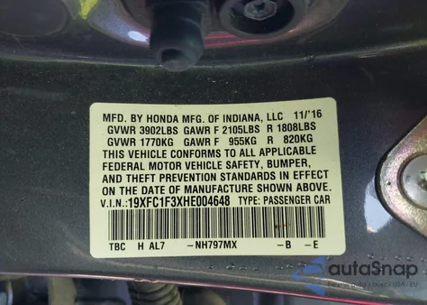 2017 Honda Civic Ex-T from USA, damaged, VIN 19XFC1F3XHE004648